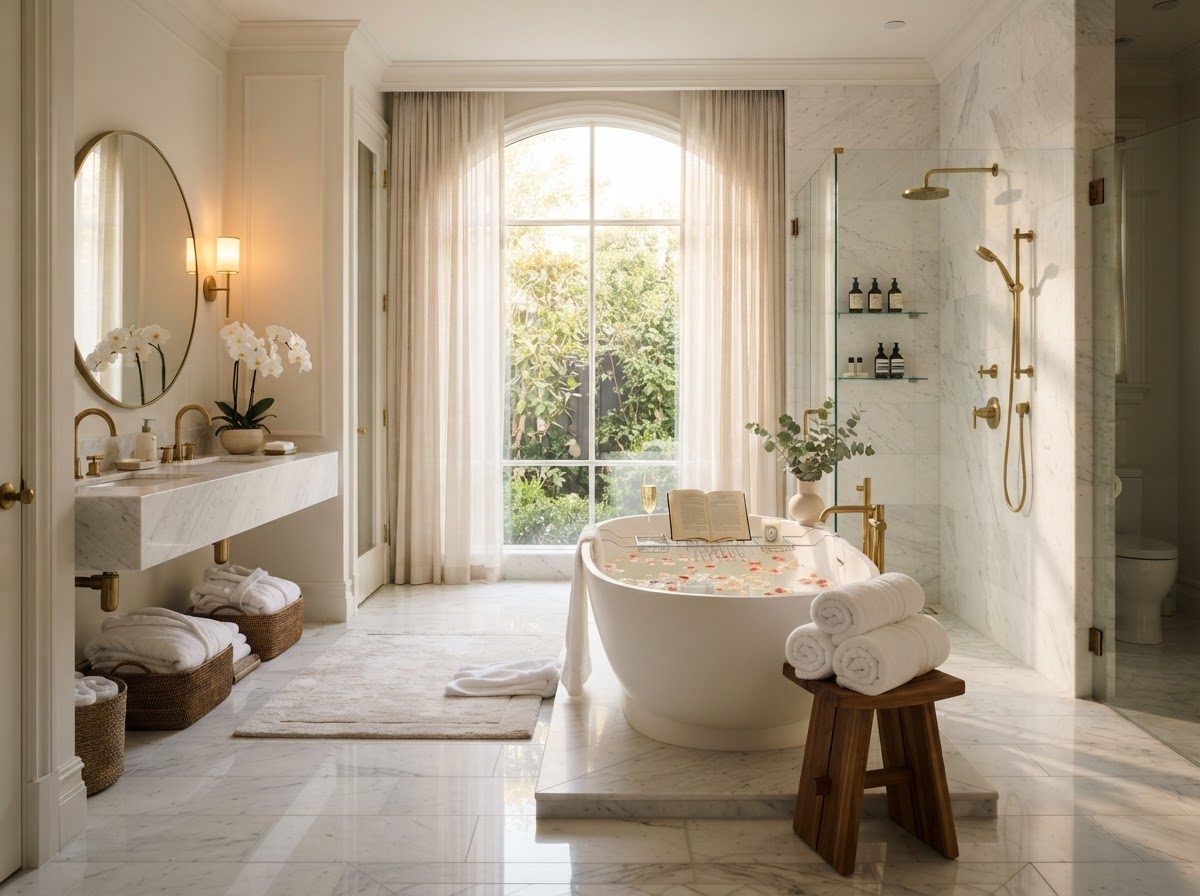 Sparkling clean bathroom with fresh towels
